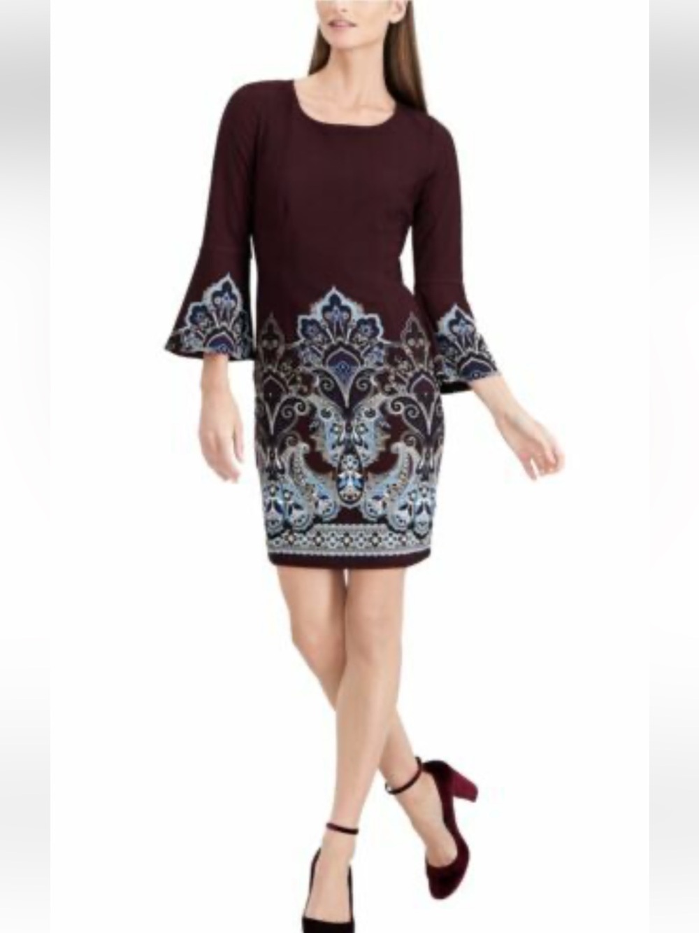 INC International Concepts Burgundy Paisley
Border Bell Sleeve Shift Dress XL